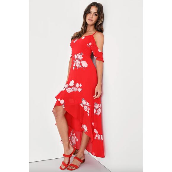 Lulus Love in Bloom Red Floral Print Off-the-Shoulder High-Low Dress Size XS - Picture 1 of 13
